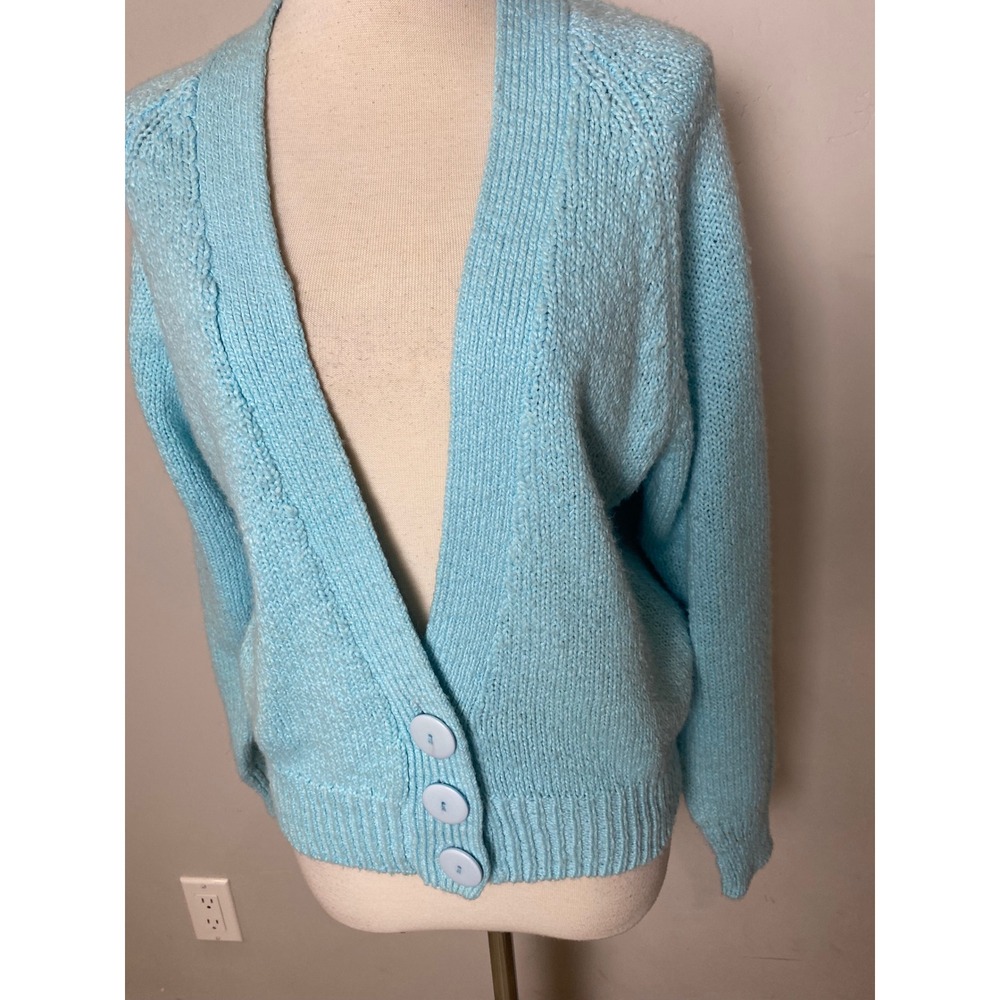 Vintage 80s Cristina Blue Cardigan Sweater V-Neck Button Front Acrylic Knit M